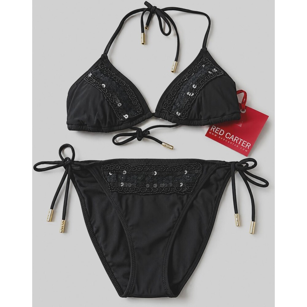 Red Carter String Tie Bikini Swimsuit Black Beaded Sequin Size Small New